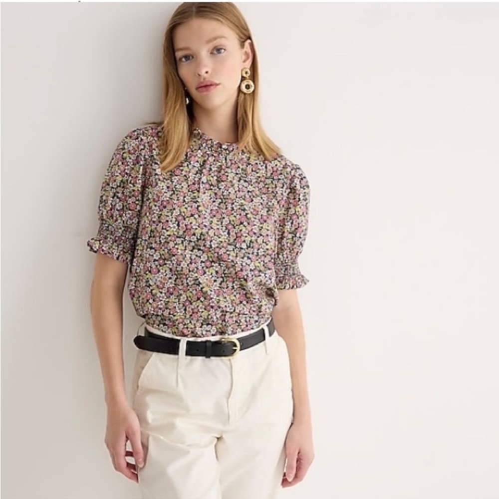 J. Crew Smocked Floral Print Short Sleeve Top Size L
